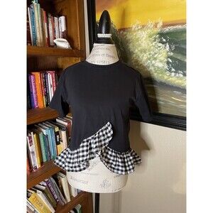 Feminine Relaxed Crew Neck Black Solid Plaid Ruffle Trim 3/4 Crop Top Sz XS